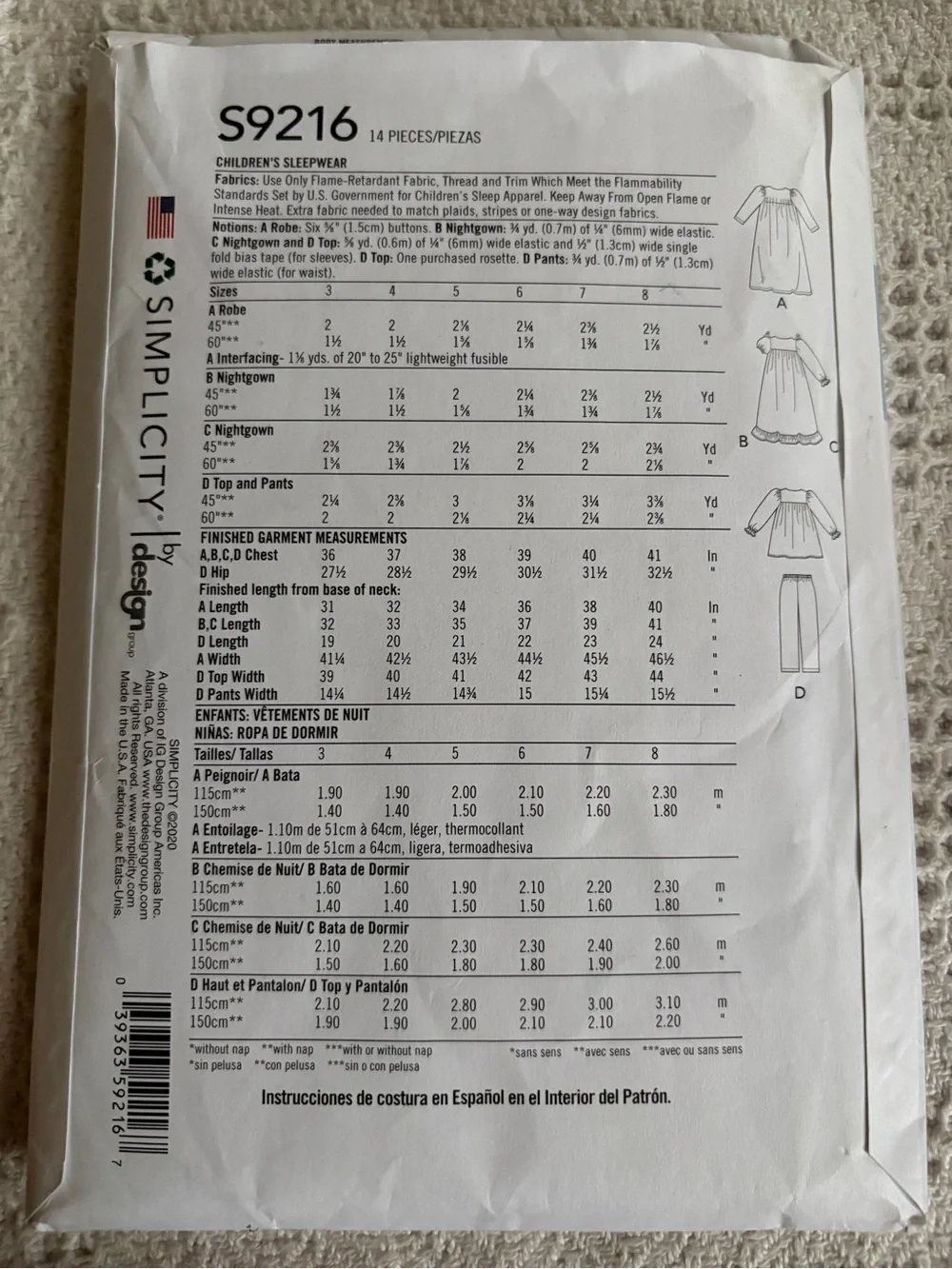 Simplicity Easy-to-Sew Pattern S9216A for Girl’s Nightgown and Pajamas